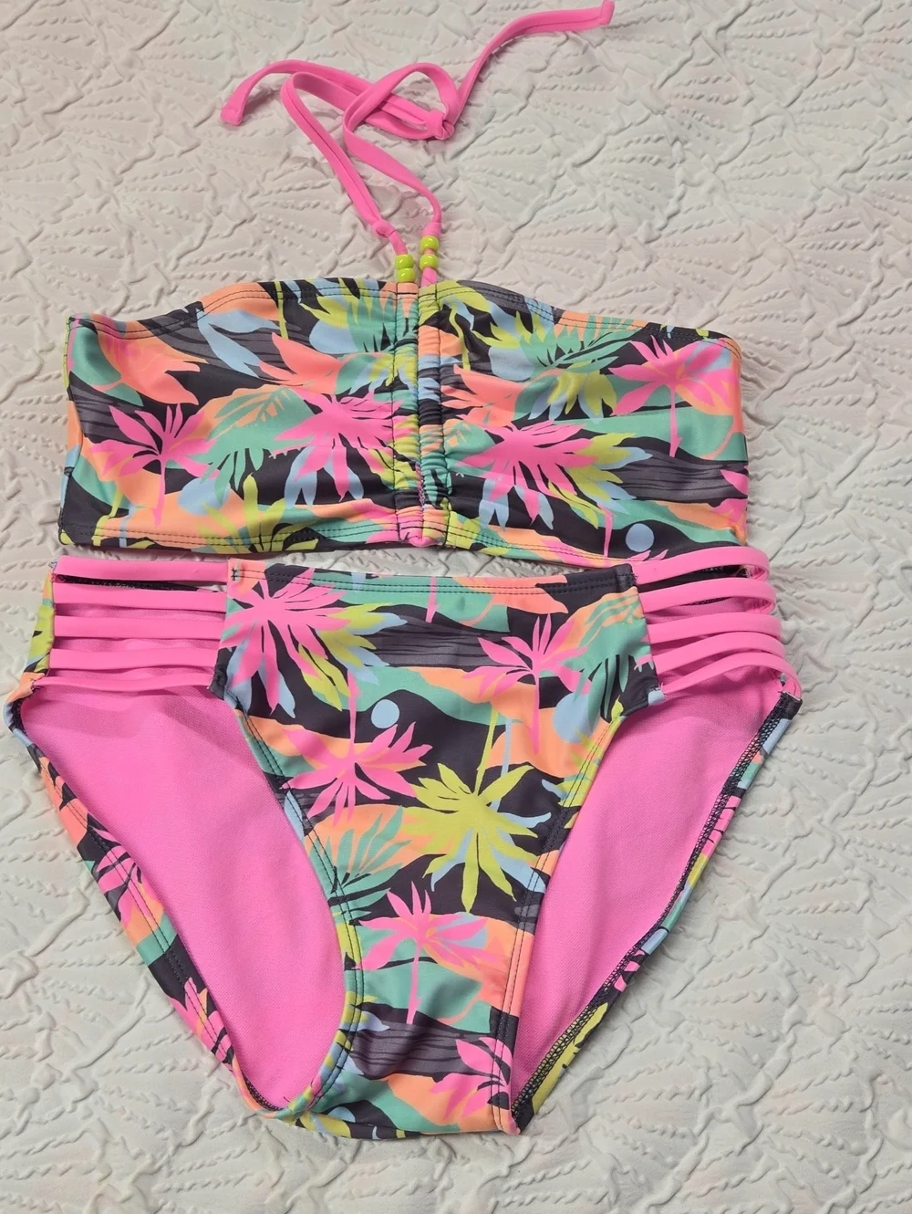 art class Neon Pink Tropical Print Girls Two-Piece Swim Set